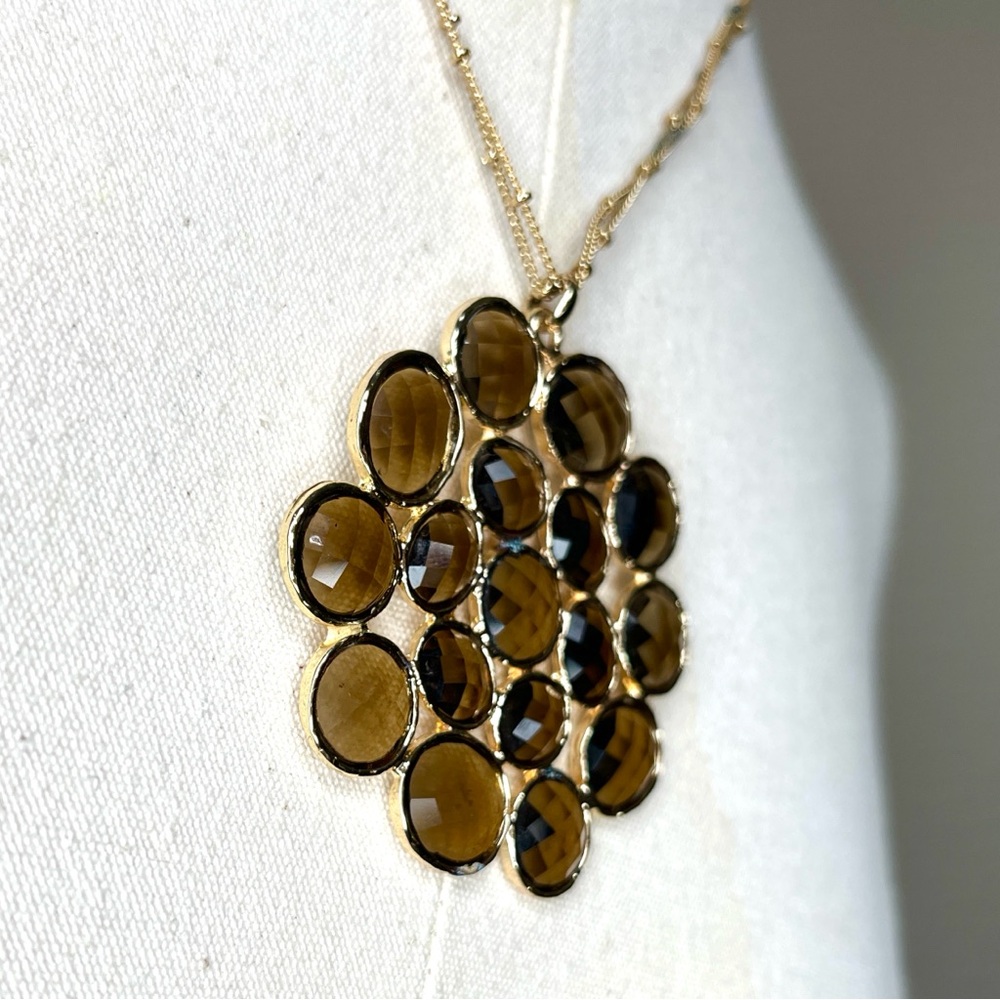 Anthropologie Brown Gold Stone Cluster Necklace Retro 70s Chain Circle Pendant - Picture 2 of 14